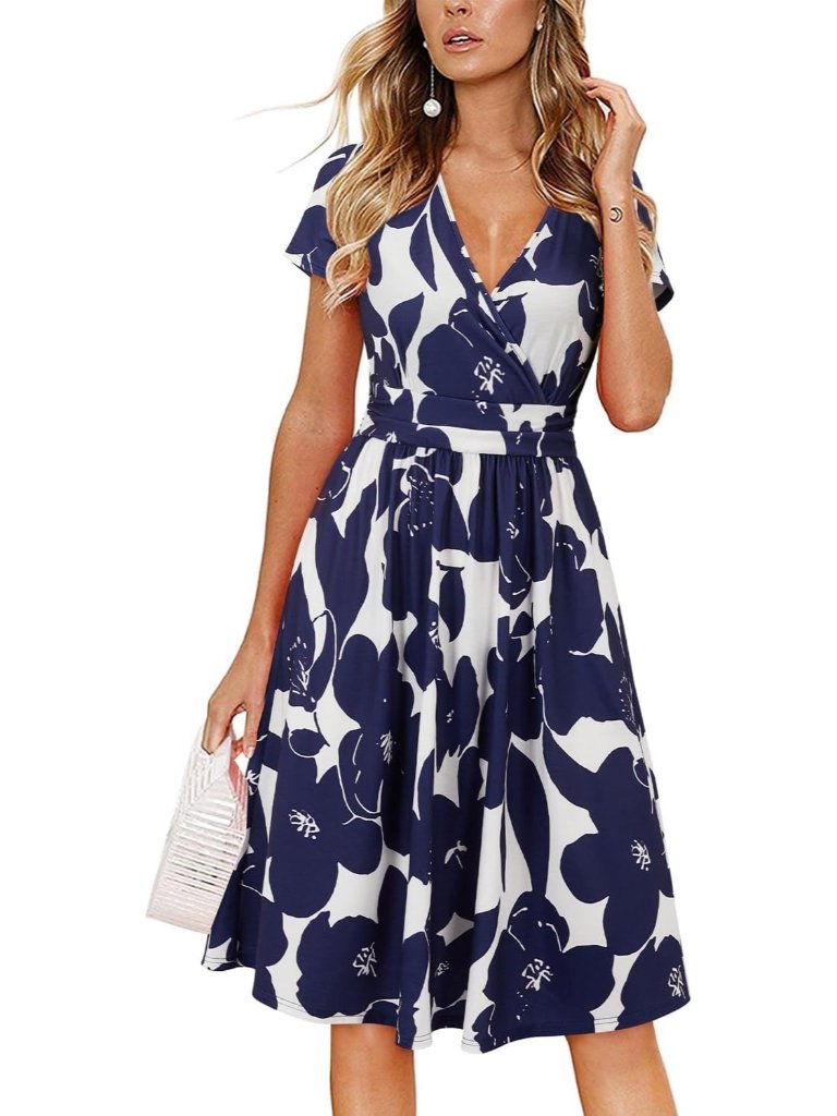 Women's Wrap V Neck A Line Midi Summer Floral Z30 Dresses With Pockets